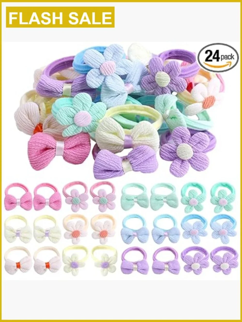 24 Seamless Elastic Hair Ties for Toddler Girls, Flower & Bow Scrunchies
